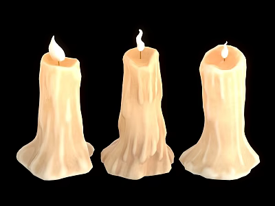 Set of Three Decorative Burning Wax Candles With Melting Edges And Flames 3d model