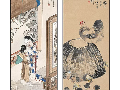 Traditional Chinese Paintings Featuring Beautiful Ladies Rooster And Chicks Artwork 3d model
