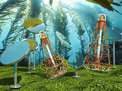 Underwater Art Installation With Lighthouse Like Structures Circular Reflective Panels Seaweed Plants and Sunlight Rays 3d model