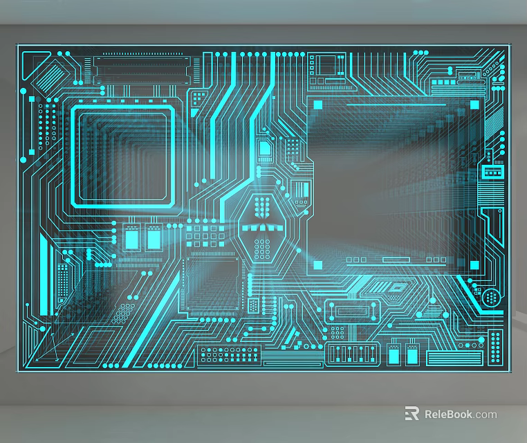 Electronic Circuit Board Background Wall With Blue Tech Lines Components And Geometric Design 3d model 