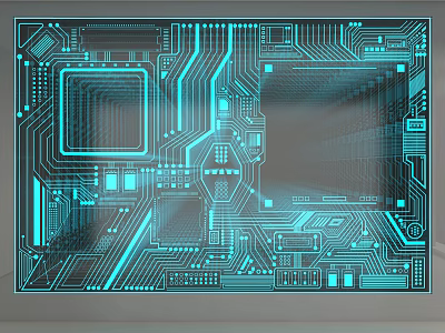 Electronic Circuit Board Background Wall With Blue Tech Lines Components And Geometric Design 3d model