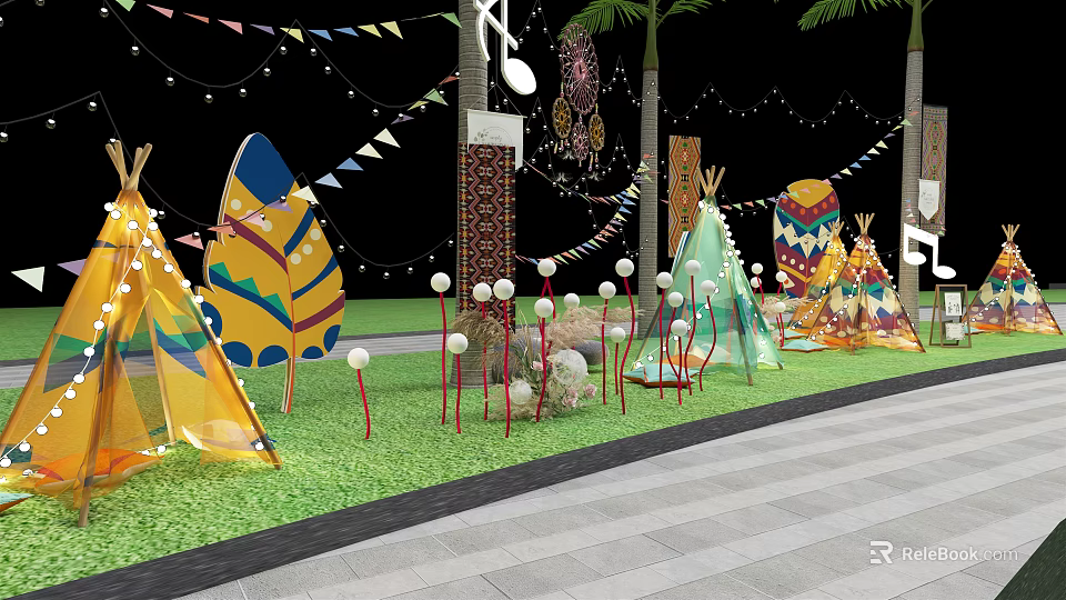Outdoor Decorative Setup With Colorful Teepees Flags Palm Trees And String Lights 3d model 