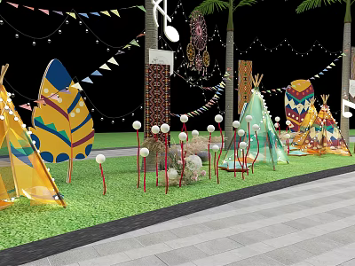 Outdoor Decorative Setup With Colorful Teepees Flags Palm Trees And String Lights 3d model