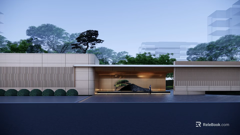 Modern Architectural Entrance Gate With Green Plants Stone Facade And Warm Lighting 3d model 