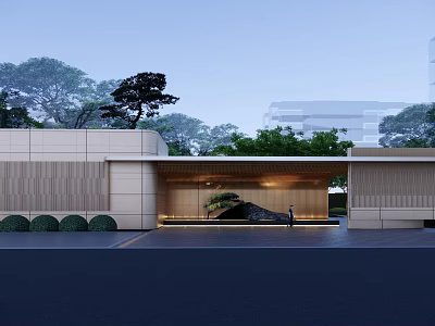 Modern Architectural Entrance Gate With Green Plants Stone Facade And Warm Lighting 3d model