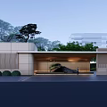 Modern Architectural Entrance Gate With Green Plants Stone Facade And Warm Lighting