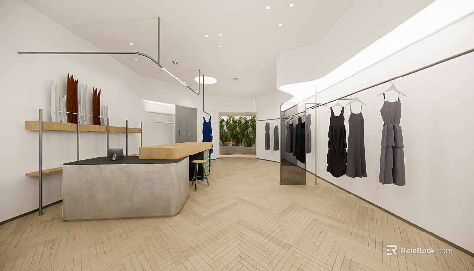 Modern Clothing Store With Hanging Dresses Herringbone Floor Counter And Green Plants 3d model 