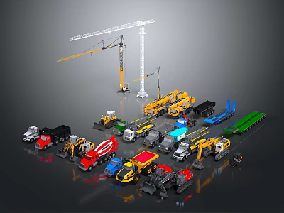 Construction Machinery Collection With Crane Excavator Truck Road Roller And Loader 3d model