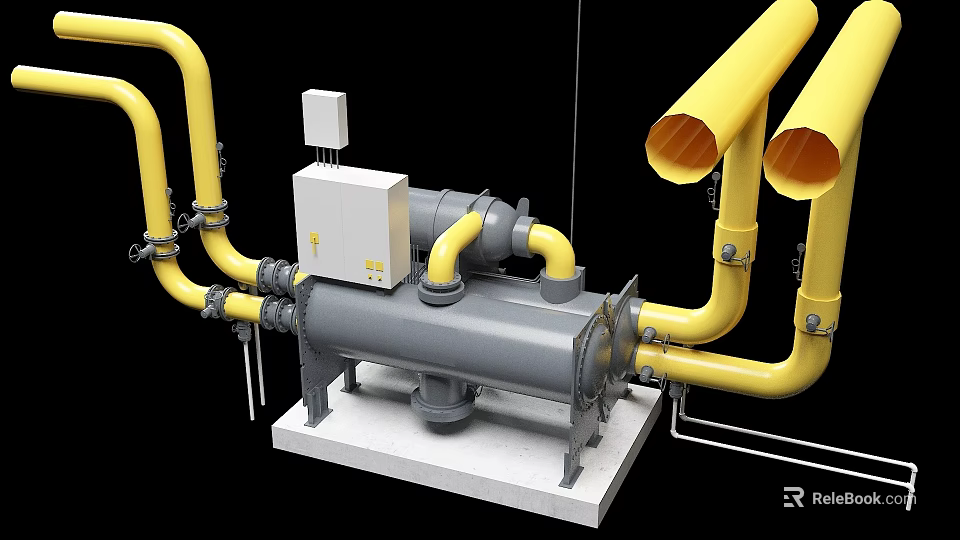 Industrial Equipment On Base With Yellow Pipes And Control Box 3d model 