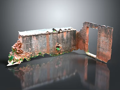 Ruined Wall Structure With Peeling Surfaces And Green Plants On Reflective Ground 3d model