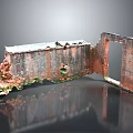 Ruined Wall Structure With Peeling Surfaces And Green Plants On Reflective Ground