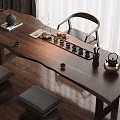 Wooden Tea Table With Matching Chairs Teapot Tea Cups And Cushions In Minimalist Indoor Setting