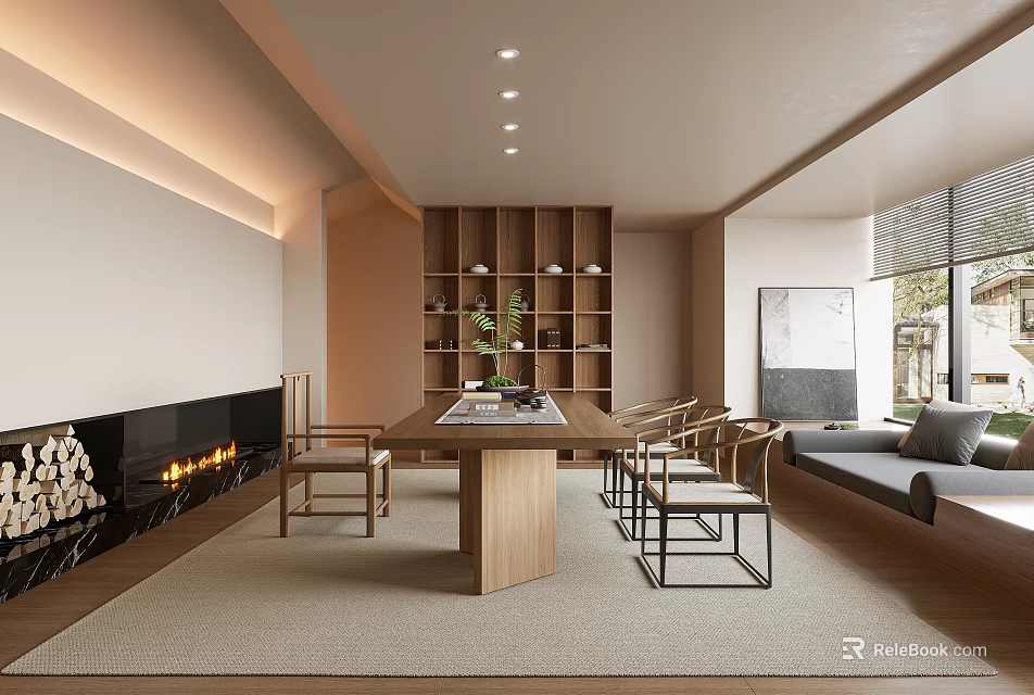 Modern Tea Room Interior With Wooden Long Table Bookshelf Fireplace And Natural Light 3d model 