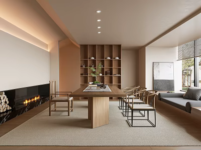Modern Tea Room Interior With Wooden Long Table Bookshelf Fireplace And Natural Light 3d model