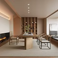 Modern Tea Room Interior With Wooden Long Table Bookshelf Fireplace And Natural Light