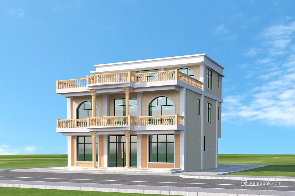 Two Story Modern Detached Villa With Balconies Large Windows And Lawn 3d model 