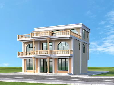 Two Story Modern Detached Villa With Balconies Large Windows And Lawn 3d model