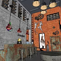 Industrial Style Interior Space With Spiral Staircase Red Brick Walls And Black Furniture