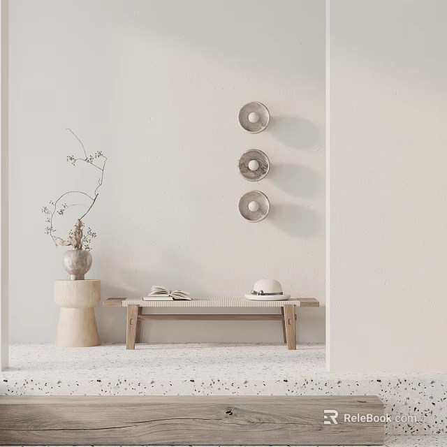 Minimalist Indoor Wooden Bench With Round Wall Decor And Vase With Branches 3d model 