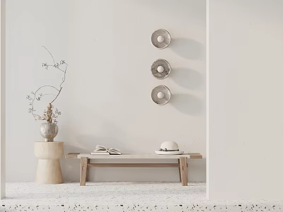 Minimalist Indoor Wooden Bench With Round Wall Decor And Vase With Branches 3d model