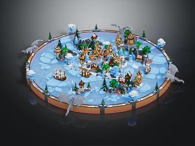 Cartoon Winter Scene With Circular Layout Cottages Trees And Snowy Decor 3d model