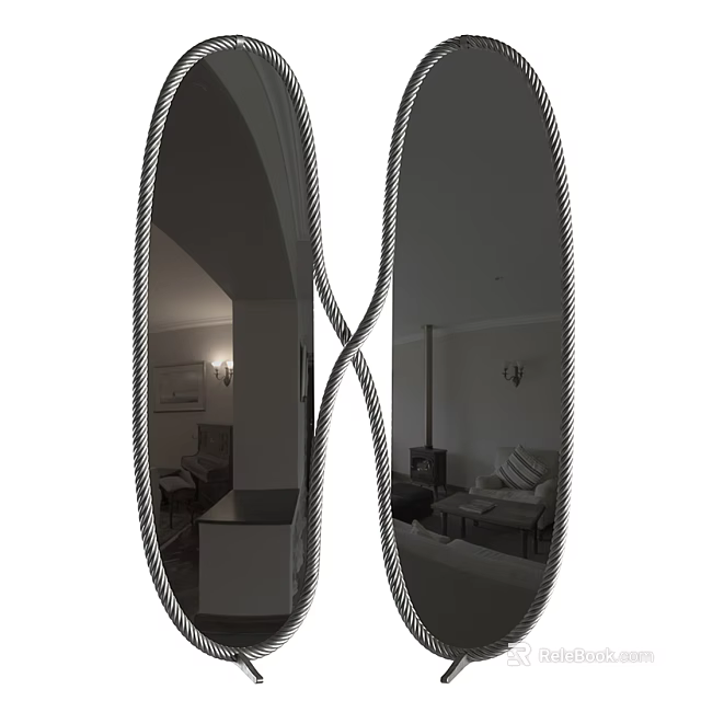 Crossed Oval Mirrors Reflecting Living Room Interior With Sofa Fireplace And Decorative Painting 3d model 