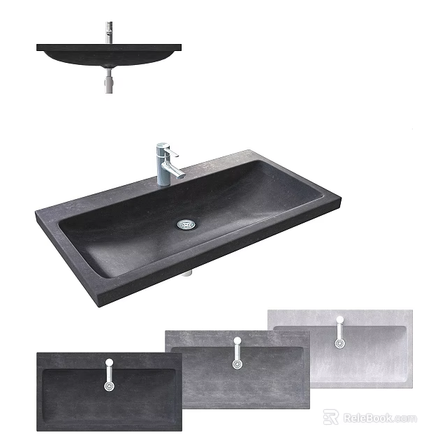 Black Stone Sink Basin With Modern Faucet And Various Design Styles 3d model 