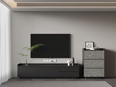 Modern TV Stand With Matching Drawer Cabinet TV Green Plant And Decorative Items In Living Room 3d model