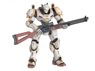 White And Orange Armored Robot Figure With Long Rifle And Detailed Design 3d model