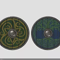 Circular Decorative Viking Shields Featuring Green Yellow Spiral And Blue Tree Patterns With Metal Centers