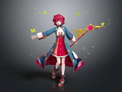 Red Haired Character In Traditional Outfit Holding Magic Staff With Yellow Butterflies Flying Around 3d model