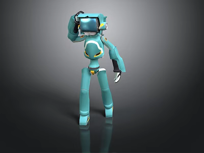 Teal Colored Robot With Head Device In Standing Pose On Reflective Surface 3d model