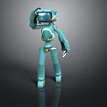 Teal Colored Robot With Head Device In Standing Pose On Reflective Surface