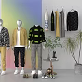 Fashion Mannequins Wearing Stylish Outfits With Hanging Clothes Plants And Shoes