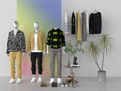 Fashion Mannequins Wearing Stylish Outfits With Hanging Clothes Plants And Shoes 3d model