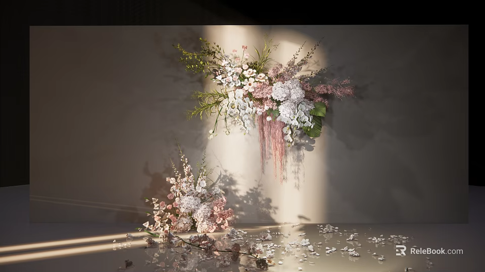 Elegant Floral Arrangement With Pink White Flowers Green Foliage And Scattered Petals 3d model 