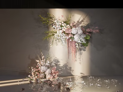 Elegant Floral Arrangement With Pink White Flowers Green Foliage And Scattered Petals 3d model