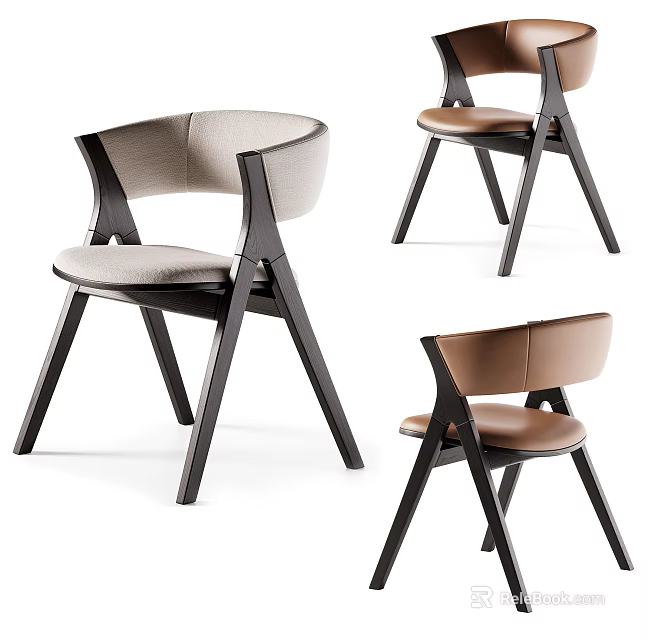 Modern Single Chair With Wooden Frame Curved Backrest And Upholstered Seat Light Gray Brown 3d model 