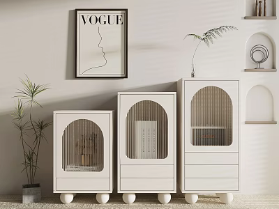 Stylish White Dressers With Arched Doors Grid Windows And Round Support Legs 3d model