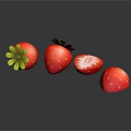 Fresh Strawberries With Green Leaves Whole And Sliced On Black Surface With Reflections