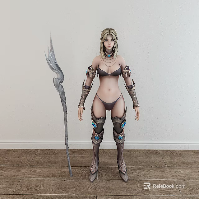 Game Fantasy Warrior Character With Blonde Hair And Armored Outfit Holding Decorative Spear 3d model 