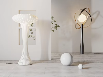 Modern Floor Lamps With Spiral And Circular Ring Designs In Minimalist Interior 3d model