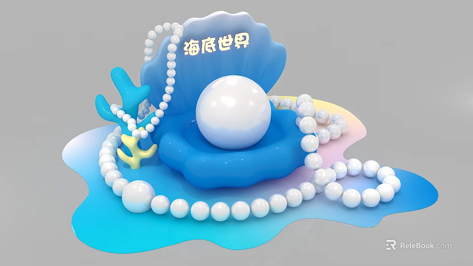 Elegant Pearl Jewelry With Underwater World Shell Display And White Pearl Necklace 3d model 