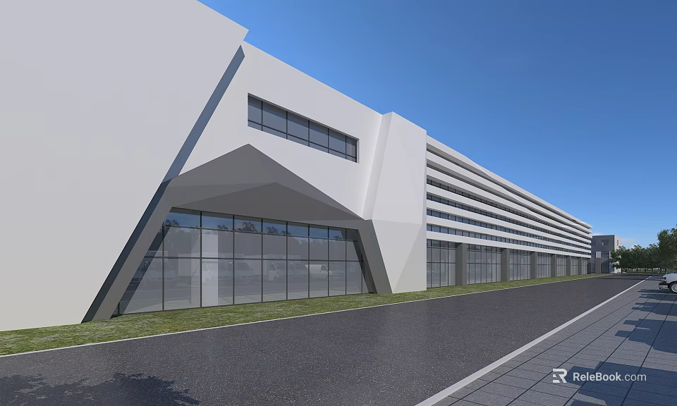 Modern Industrial Factory Building With White Exterior Large Glass Windows And Geometric Design 3d model 