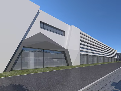 Modern Industrial Factory Building With White Exterior Large Glass Windows And Geometric Design 3d model