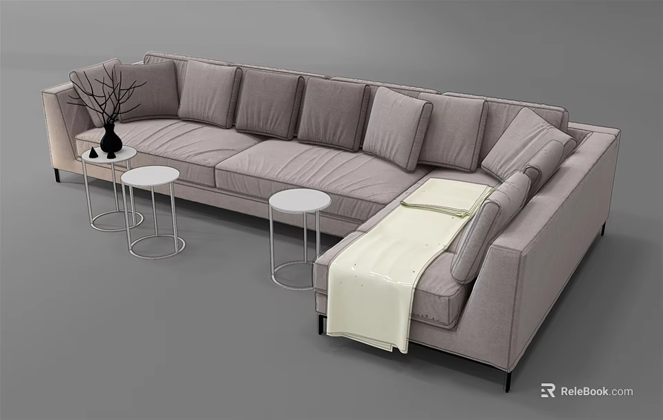 Modern Gray Sectional Sofa With Small Round Tables And Cozy Blanket 3d model