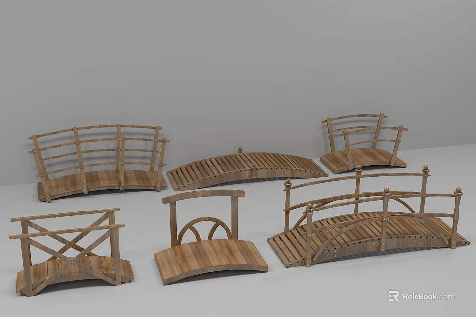 Wooden Small Bridge Models With Various Designs Including Arched Flat And Railings 3d model 