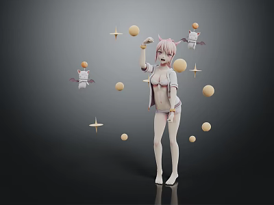 Pink Haired Female Character Surrounded By Small Winged Creatures Yellow Spheres And Star Shapes 3d model
