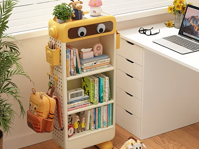 Cute Yellow Kids Storage Cabinet with Shelves Books Toys and Drawers in Kids Room 3d model