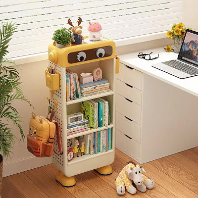 Cute Yellow Kids Storage Cabinet with Shelves Books Toys and Drawers in Kids Room 3d model